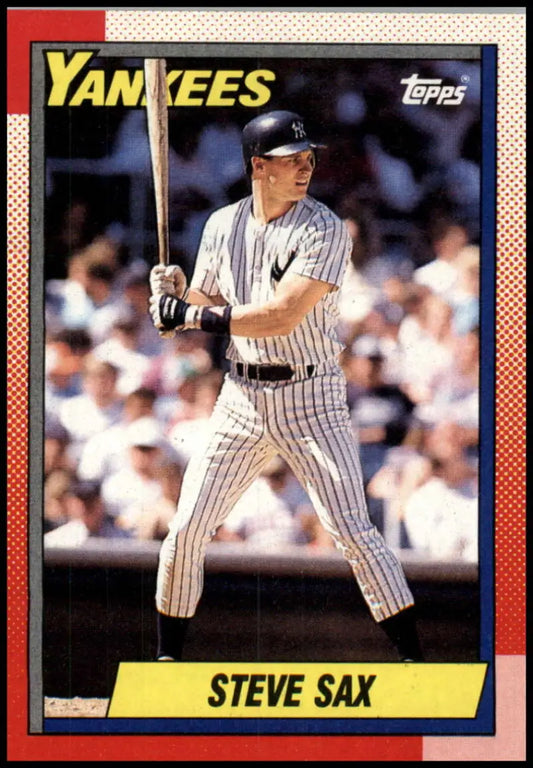 1990 Topps baseball card of Steve Sax in New York Yankees pinstripe uniform at bat