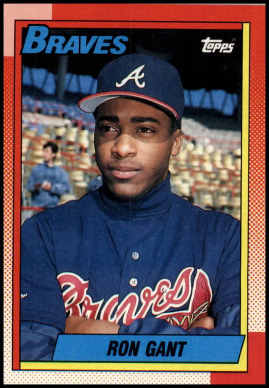 1990 Topps Ron Gant Atlanta Braves baseball card with player in navy team jacket