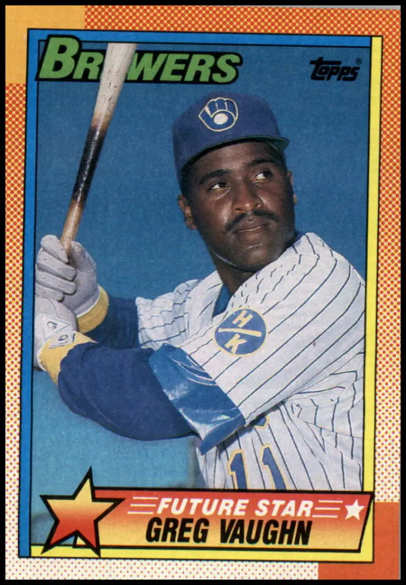 Vintage 1990 Topps Greg Vaughn Milwaukee Brewers Baseball Card in pinstripe uniform