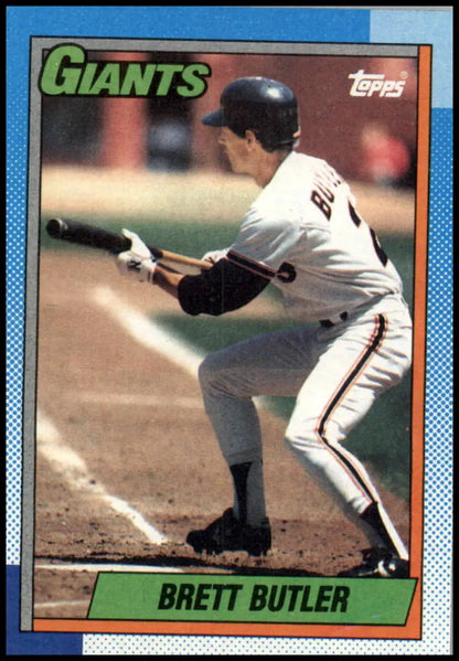 1990 Topps baseball card of Brett Butler laying down a bunt for San Francisco Giants