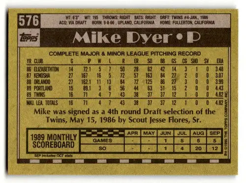 Original gloss 1990 Topps Mike Dyer Minnesota Twins baseball card Dyer Minnesota Twins