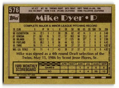 Original gloss 1990 Topps Mike Dyer Minnesota Twins baseball card Dyer Minnesota Twins