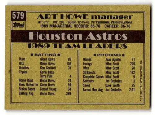 Back of 1990 Topps Art Howe Houston Astros baseball card with original gloss