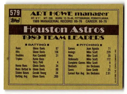 Back of 1990 Topps Art Howe Houston Astros baseball card with original gloss