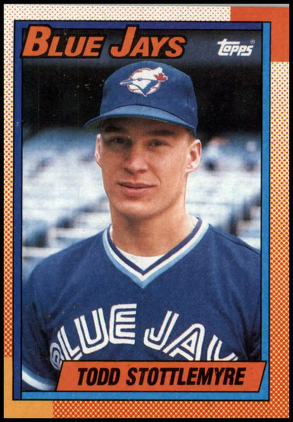 1990 Topps Todd Stottlemyre baseball card featuring Toronto Blue Jays player in blue uniform