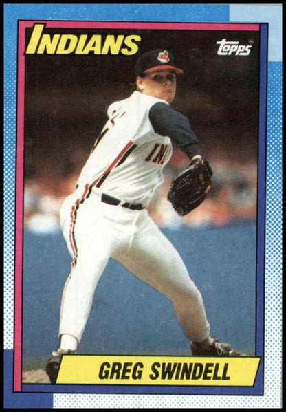 Greg Swindell pitching on a Cleveland Indians baseball card in white home uniform
