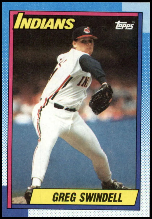 Greg Swindell pitching on a Cleveland Indians baseball card in white home uniform