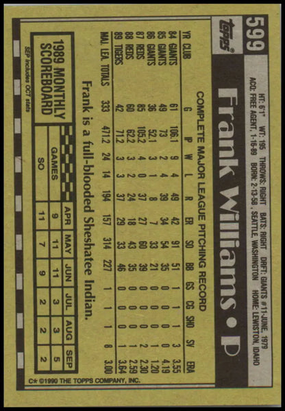 Frank Williams Card featuring player stats in black and yellow for Detroit Tigers