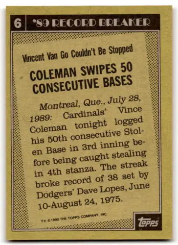 Baseball card back of 1990 Topps #6 Vince Coleman NM with original gloss quality