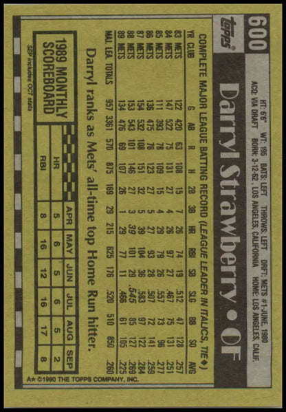 Darryl Strawberry 1990 Topps #600 Baseball Card with stats, yellow and black design