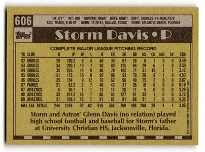 Original gloss Storm Davis Oakland Athletics baseball card from 1990 Topps #606