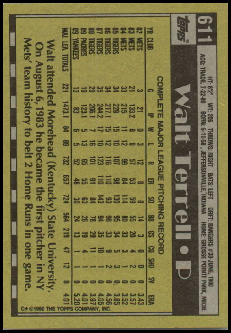 Walt Terrell player statistics grid on 1990 Topps New York Yankees baseball card