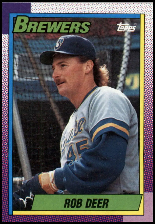 1990 Topps Rob Deer Milwaukee Brewers Baseball Card with mustache and mullet hairstyle