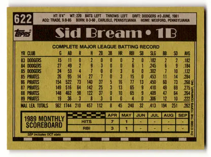 Original gloss Sid Bream baseball card from 1990 Topps #622 Pirates featuring Sid Bream