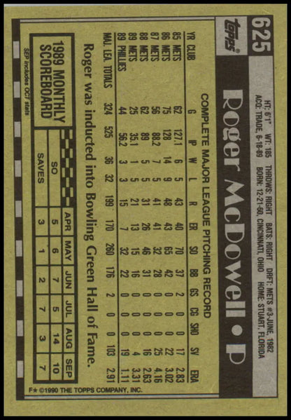 1990 Topps #625 Roger McDowell Phillies Baseball Card in black and gold color scheme