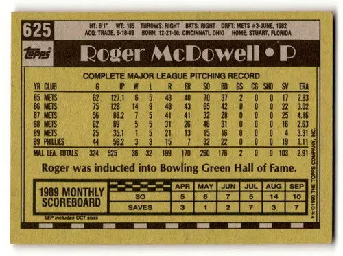 Back of 1990 Topps #625 Roger McDowell Philadelphia Phillies baseball card showing original gloss
