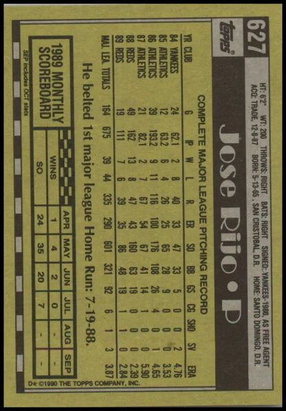 Jose Rijo Cincinnati Reds Baseball Card featuring player statistics in black and yellow