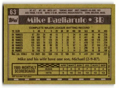 1990 Topps Mike Pagliarulo San Diego Padres baseball card in EX/NM condition