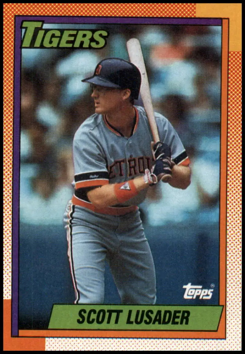 1990 Topps Baseball Card of Scott Lusader in Detroit Tigers Gray Uniform at Bat
