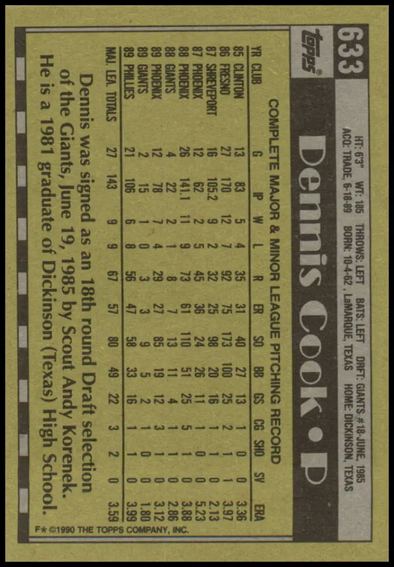 Back of 1990 Topps #633 Dennis Cook Baseball Card with Philadelphia Phillies stats