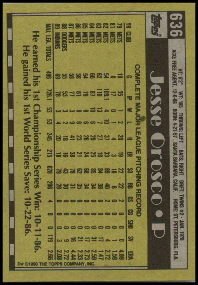 Baseball card featuring Jesse Orosco NM-MT stats on yellow background for Cleveland Indians