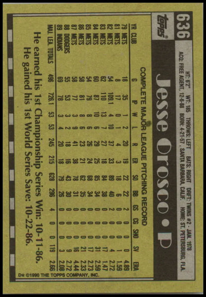 Baseball card featuring Jesse Orosco NM-MT stats on yellow background for Cleveland Indians