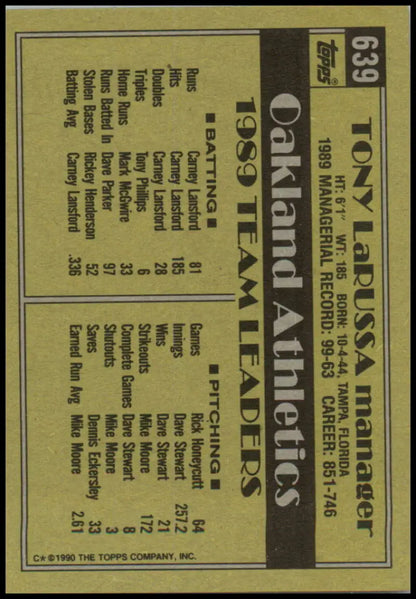 Vintage 1990 Topps Tony LaRussa Oakland Athletics Baseball Card on gold background