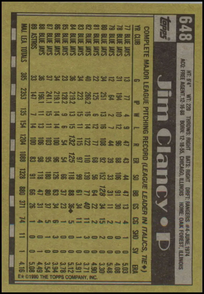 Baseball card featuring Jim Clancy stats in black and gold for Houston Astros