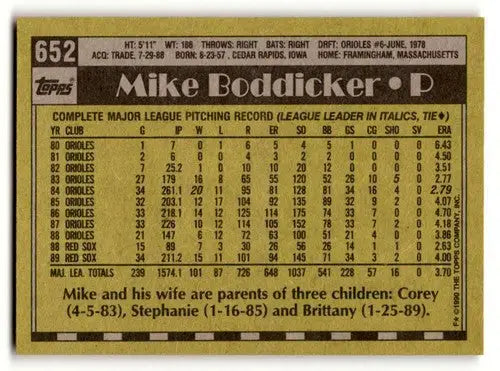 Baseball card back featuring original gloss of Mike Boddicker Red Sox 1990 Topps #652