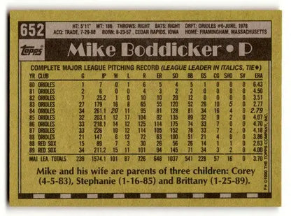 Baseball card back featuring original gloss of Mike Boddicker Red Sox 1990 Topps #652