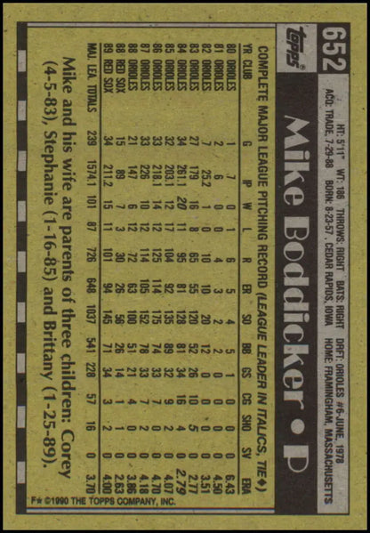 Baseball card featuring 1990 Topps Mike Boddicker with Boston Red Sox stats in black and yellow