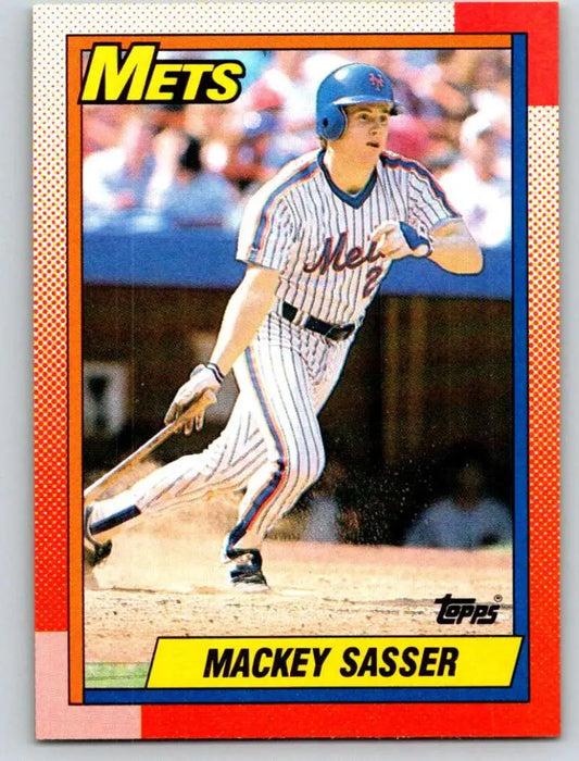1990 Topps baseball card of Mackey Sasser, New York Mets player at bat in pinstripes