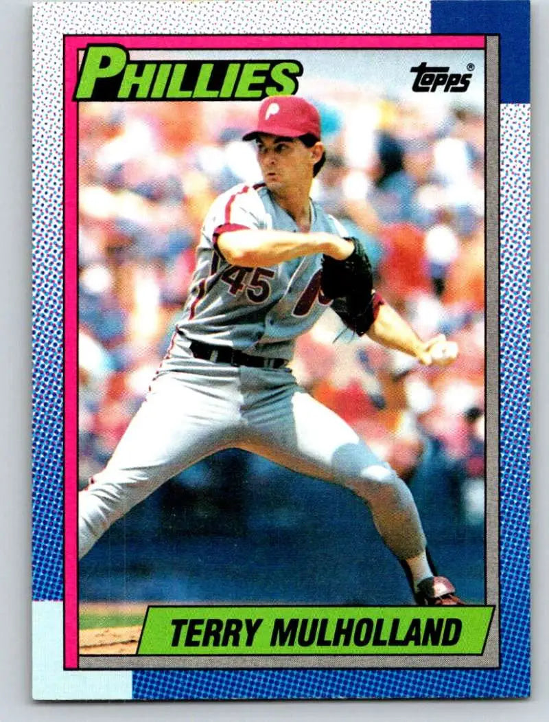 1990 Topps baseball card of Terry Mulholland delivering for the Philadelphia Phillies