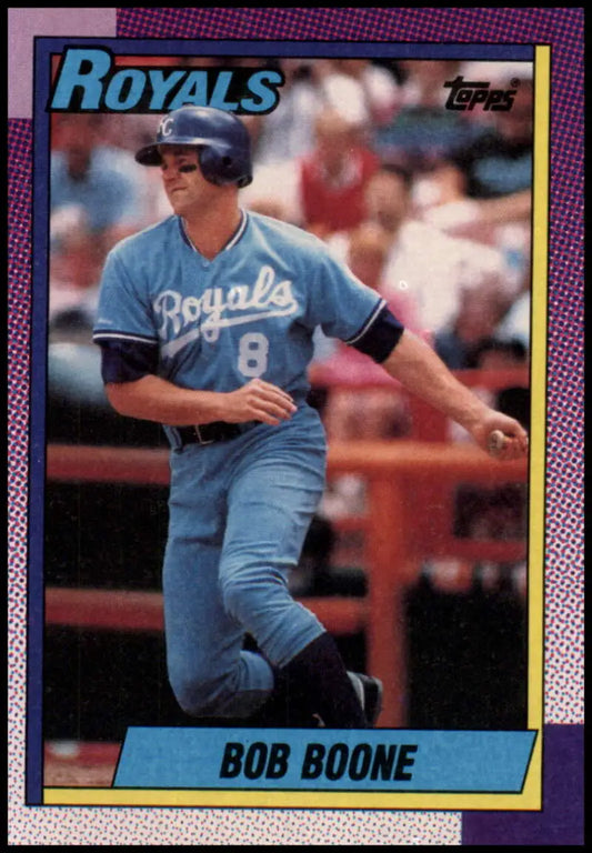 1990 Topps Bob Boone baseball card featuring Kansas City Royals in powder blue uniform