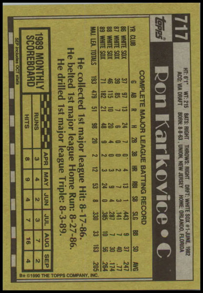 Back of 1990 Topps #717 Ron Karkovice baseball card with Chicago White Sox stats