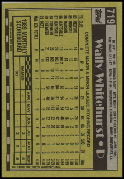 Baseball card featuring Wally Whitehurst stats on yellow background, New York Mets