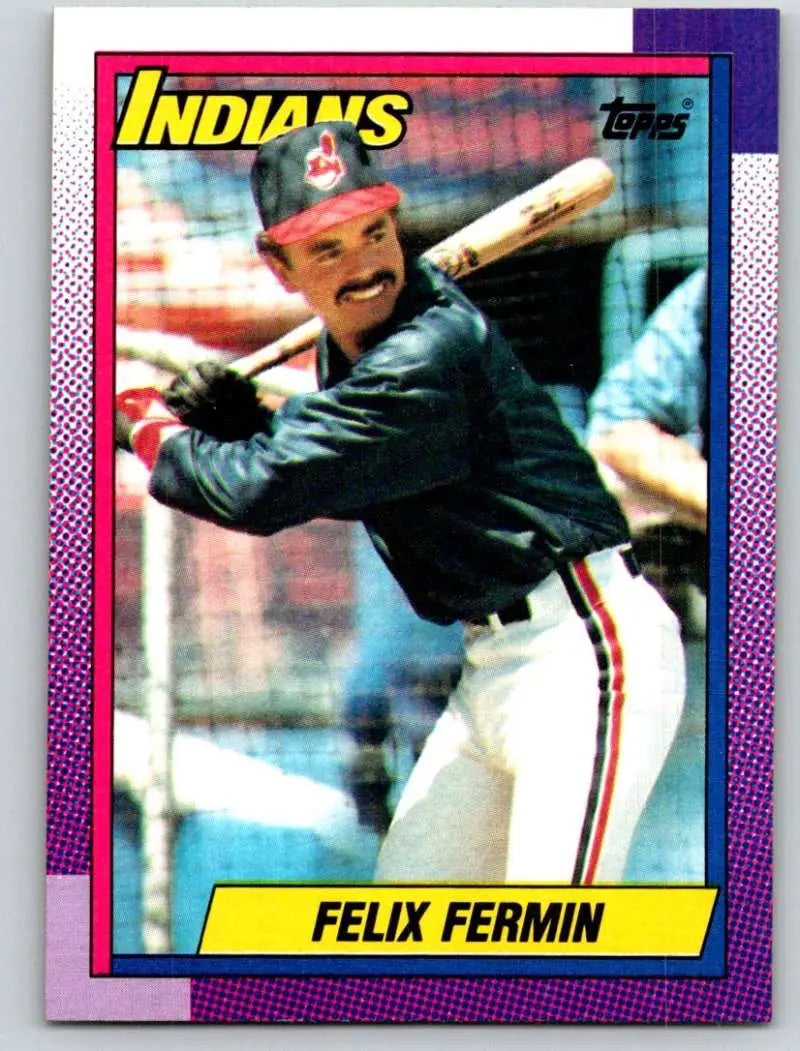 1990 Topps Felix Fermin Baseball Card of Cleveland Indians player in batting stance
