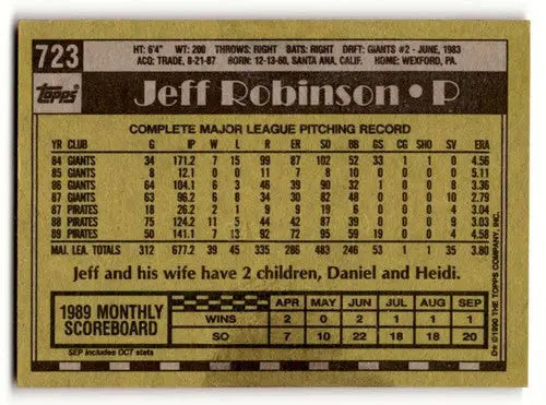 1990 Topps #723 Jeff Robinson Pittsburgh Pirates Baseball Cards EX/N ID:55628