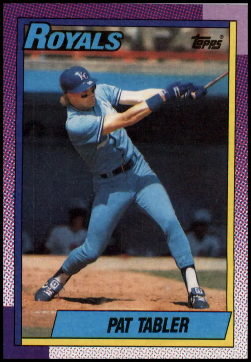 1990 Topps #727 Pat Tabler Kansas City Royals baseball card mid-swing action shot