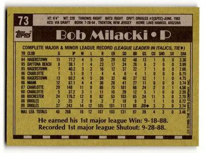 1990 Topps Bob Milacki Baltimore Orioles baseball card, excellent condition, ID:53760