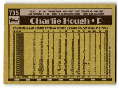 1990 Topps #735 Charlie Hough Texas Rangers Baseball Cards EX/NM ID:59116