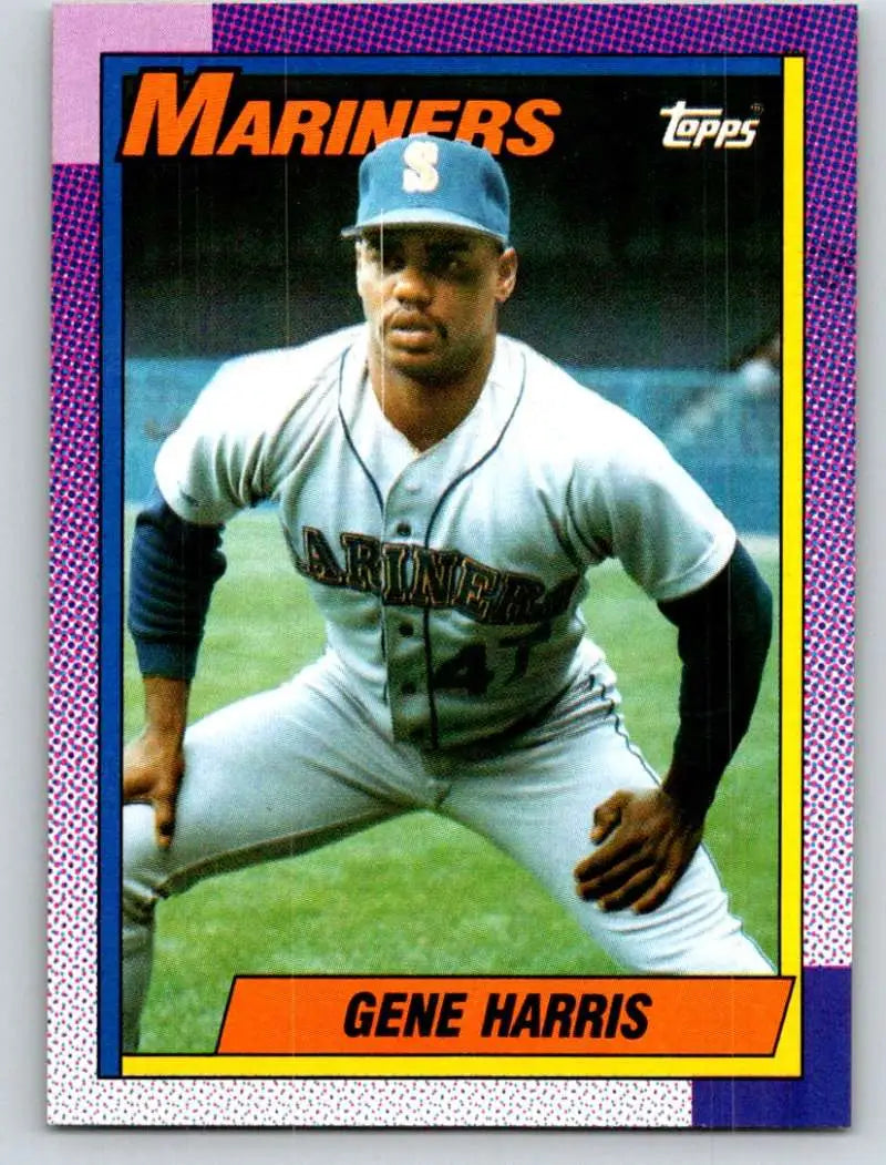 Vintage 1990 Topps Gene Harris Seattle Mariners baseball card with purple border