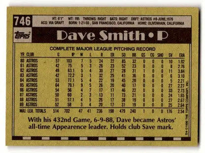 Original gloss Dave Smith Houston Astros baseball card from 1990 Topps #746
