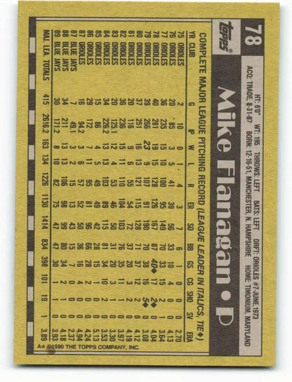 Vintage 1990 Topps #78 Mike Flanagan Baseball Card with Blue Jays player stats on yellow