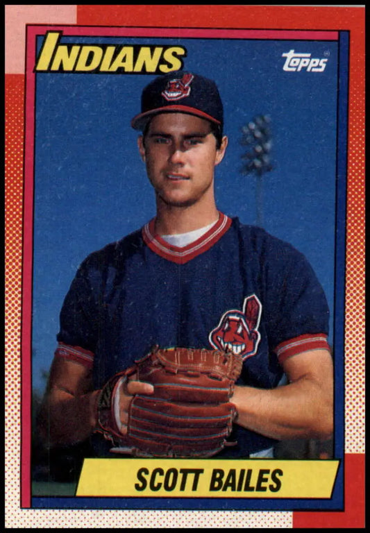1990 Topps Scott Bailes Baseball Card featuring Cleveland Indians player in navy uniform