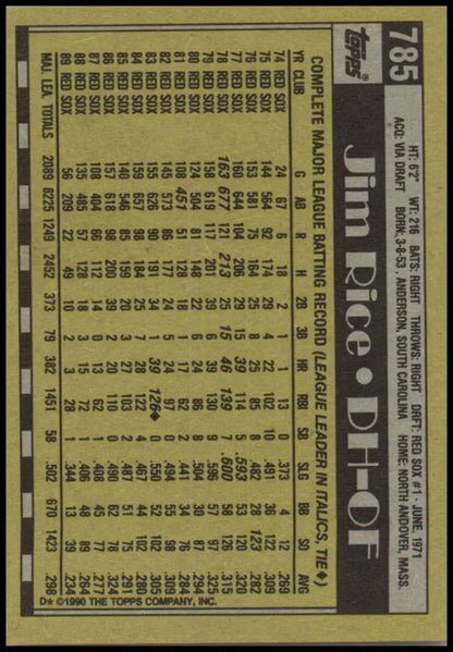 1990 Topps #785 Jim Rice Boston Red Sox Baseball Card with player stats and info