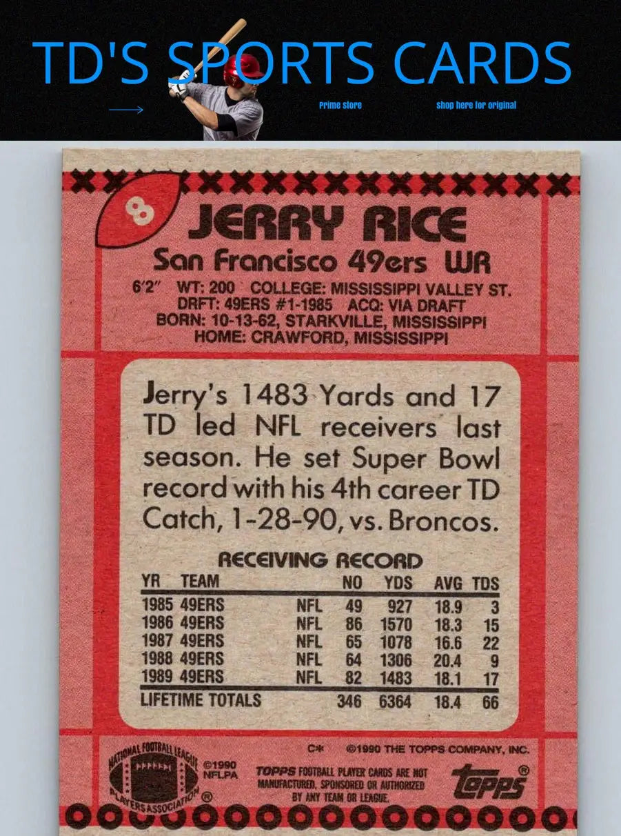 Jerry Rice football trading card from 1990 Topps #8 showcasing a legendary football player