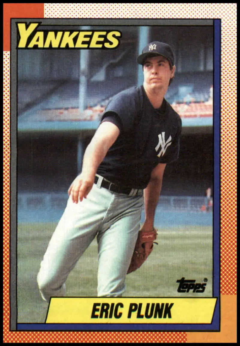 1990 Topps Eric Plunk baseball card with New York Yankees player in fielding pose
