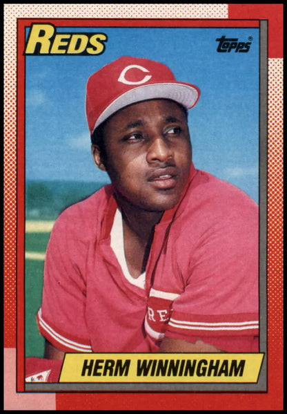1990 Topps Herm Winningham baseball card of Cincinnati Reds player in red uniform