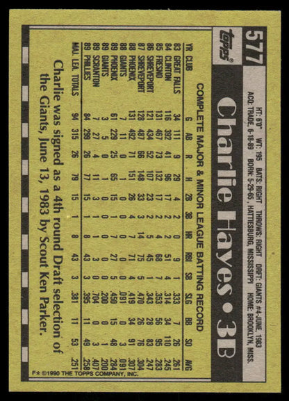 Back of 1990 Topps Charlie Hayes #577T baseball card, featuring player details